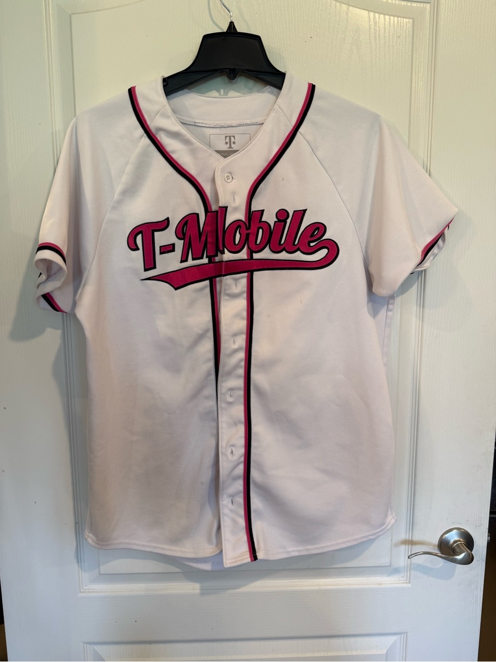 T-Mobile white baseball jersey magenta embroidery black trim unisex large flawed